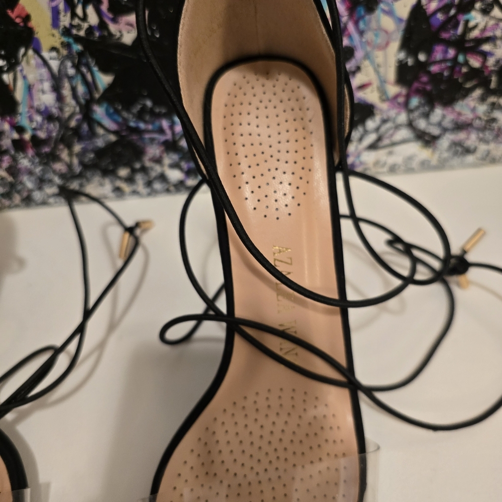 AZALEA WANG Black With Cleae Vinyl Toe Strap High Heels Ankle Wrap Strap 7.5 - Picture 5 of 17